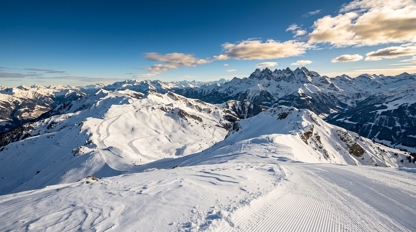 Panorama du domaine skiable des Portes du Soleil depuis les Hauts-Forts à 2 466 m, sommets enneigés du massif du Chablais