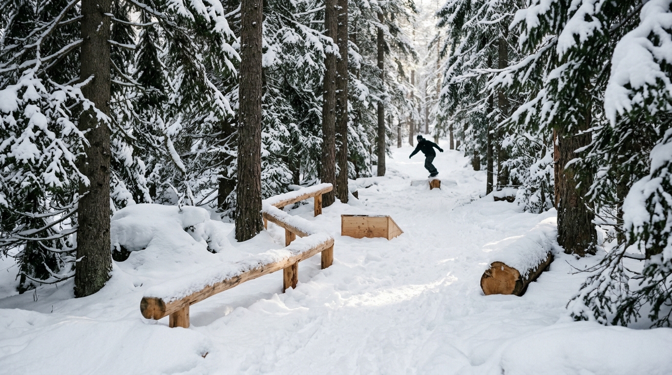 Snowpark The Stash à Avoriaz, modules en bois sculptés intégrés dans la forêt enneigée