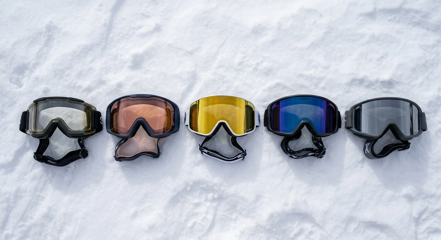 Différents masques de ski avec écrans de catégories variées disposés sur la neige