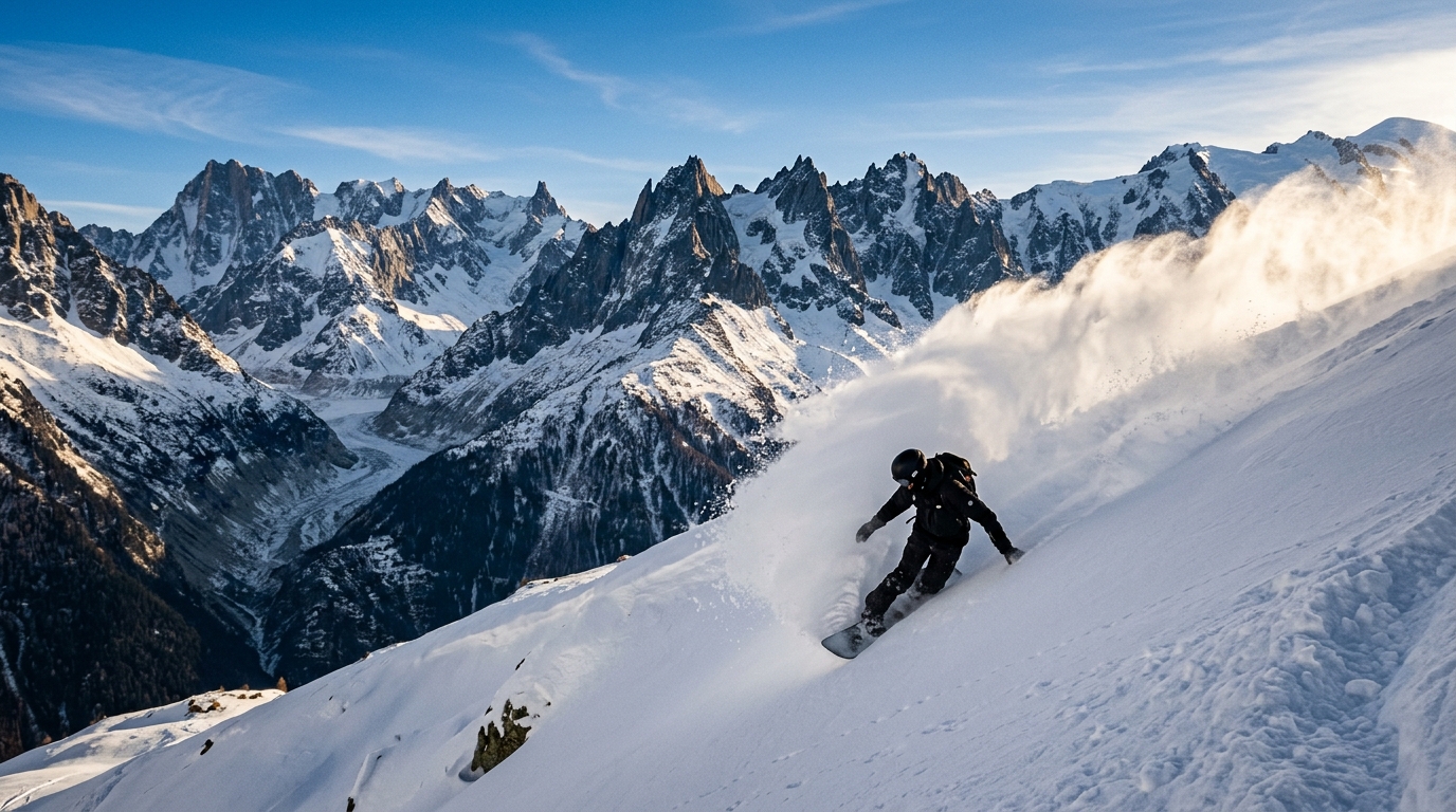 Skieur en hors-piste sur les pentes des Grands Montets à Chamonix, neige fraîche et vue sur l'Aiguille Verte