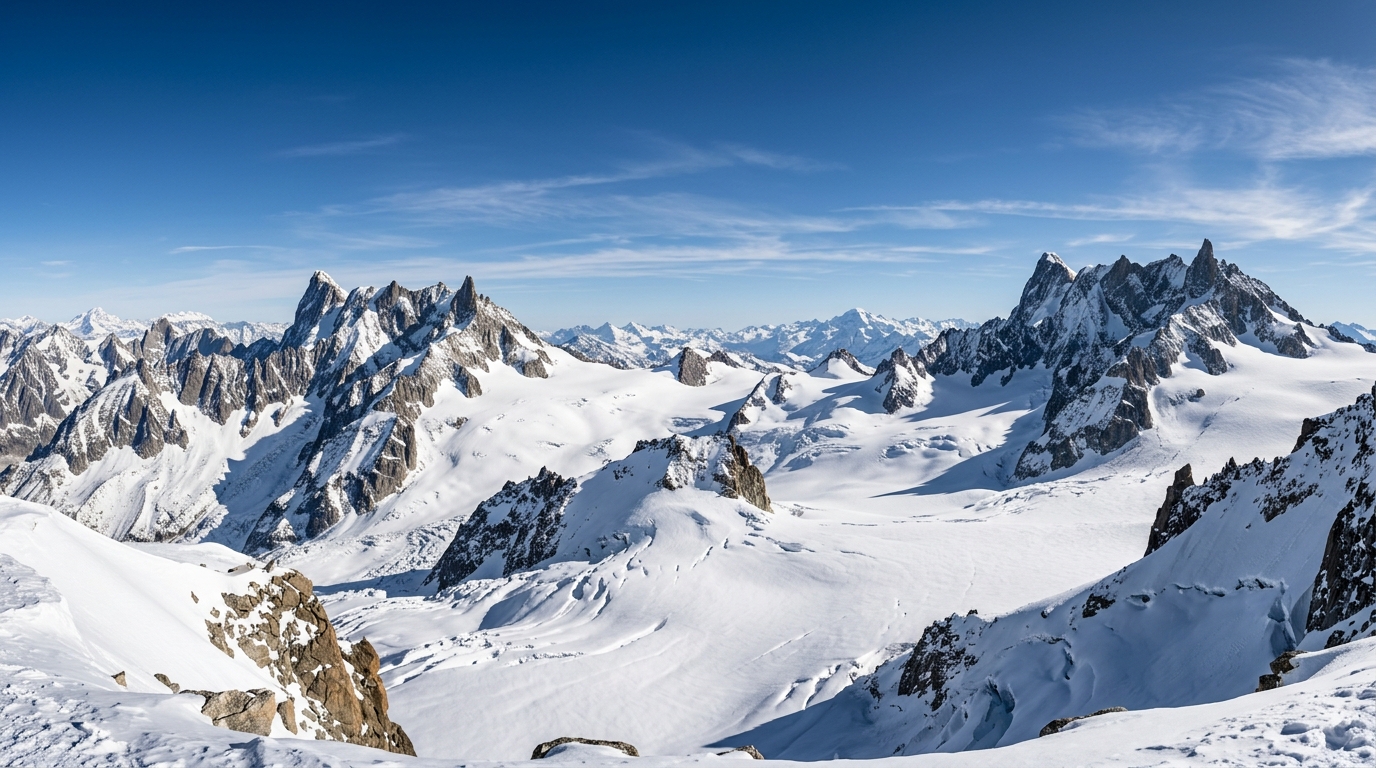 Panorama de la Vallée Blanche depuis l'Aiguille du Midi à 3 842 m, glaciers et chaîne du Mont-Blanc