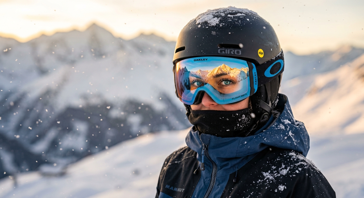 Skieur portant un masque de ski sur une piste enneigée ensoleillée