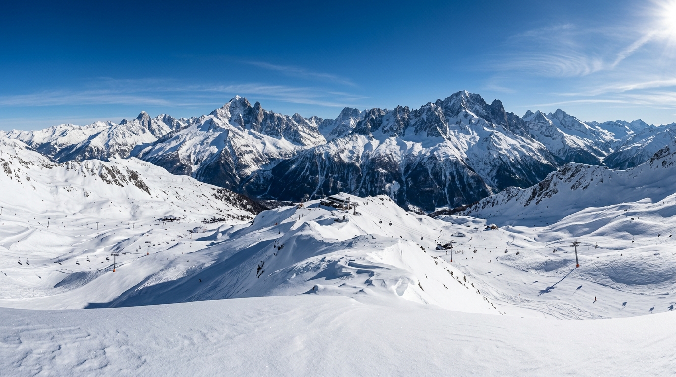 Panorama du domaine skiable de Courchevel depuis la Saulire à 2 740 m, sommets de la Vanoise et liaison avec Méribel