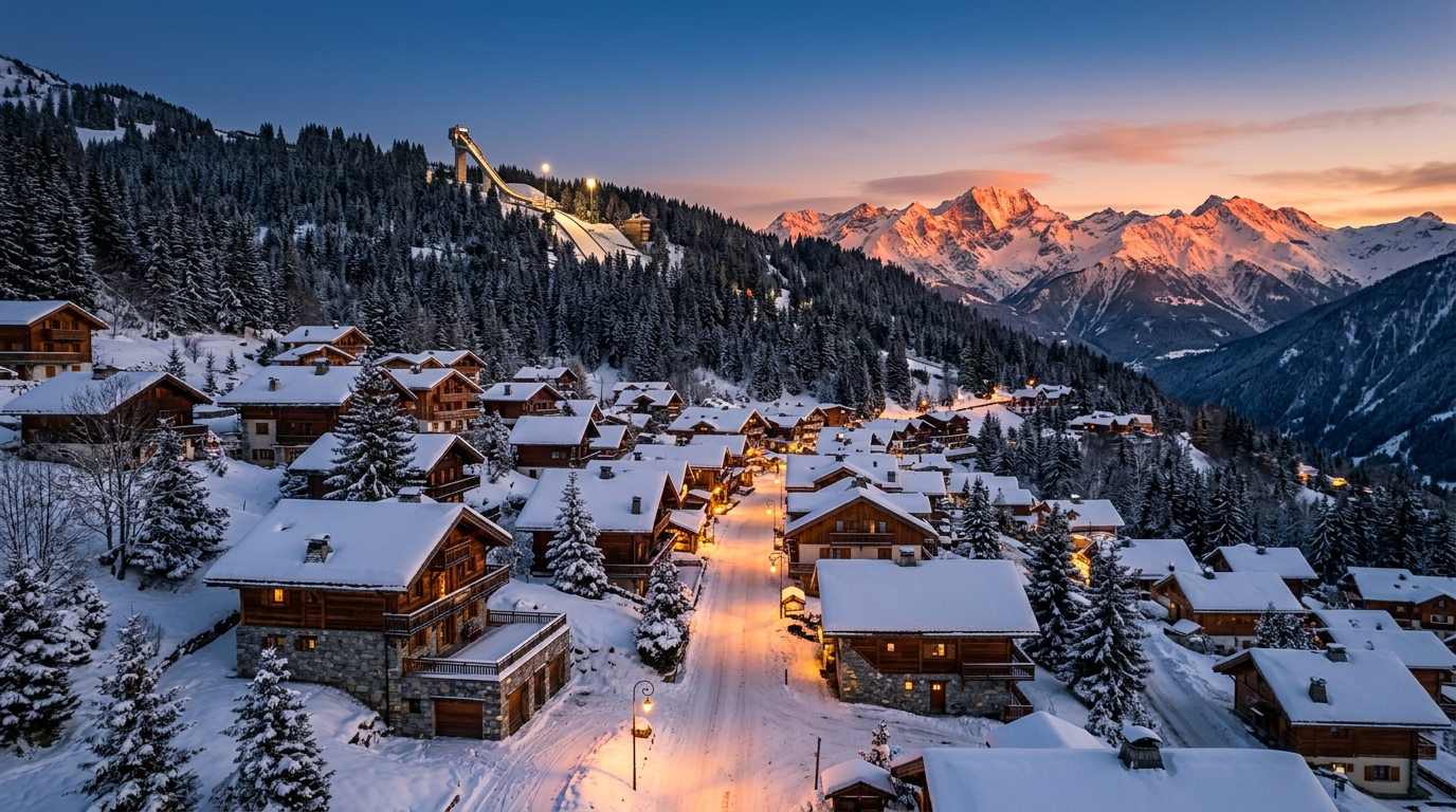 Village de Courchevel 1850 au crépuscule, chalets en bois et lumières dorées avec sommets enneigés en arrière-plan