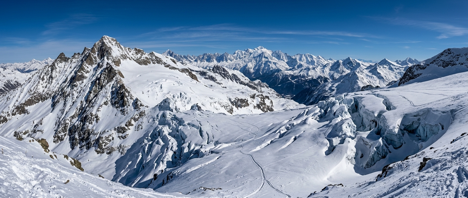 Panorama du glacier de Bellecôte à La Plagne à 3 250 m, point culminant du domaine de La Plagne et vue sur le massif de la Vanoise