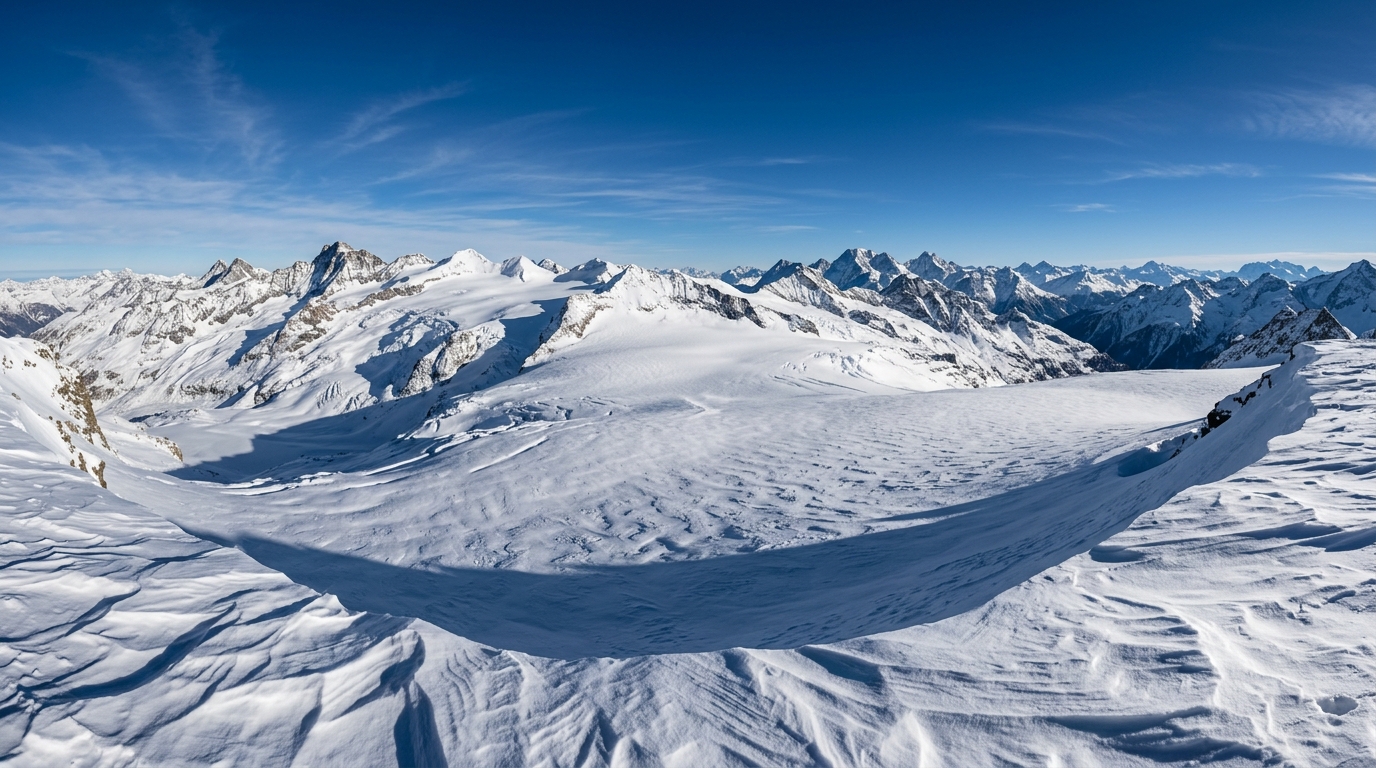 Panorama du glacier du Vorab à 3 018 m, point culminant du domaine skiable de Laax dans les Grisons suisses