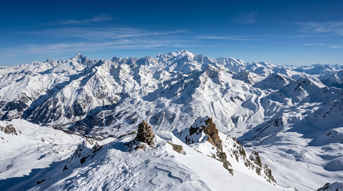 Panorama depuis l'Aiguille Rouge aux Arcs à 3 226 m, point culminant du domaine et vue sur le Mont Blanc et la Vanoise