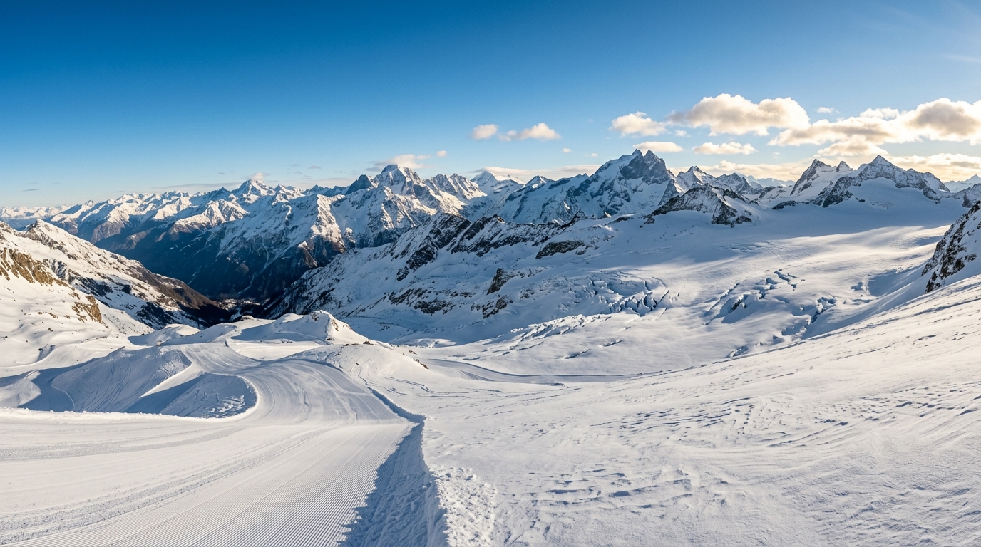 Panorama du glacier des 2 Alpes à 3 568 m, point culminant du domaine skiable et vue sur le massif des Écrins