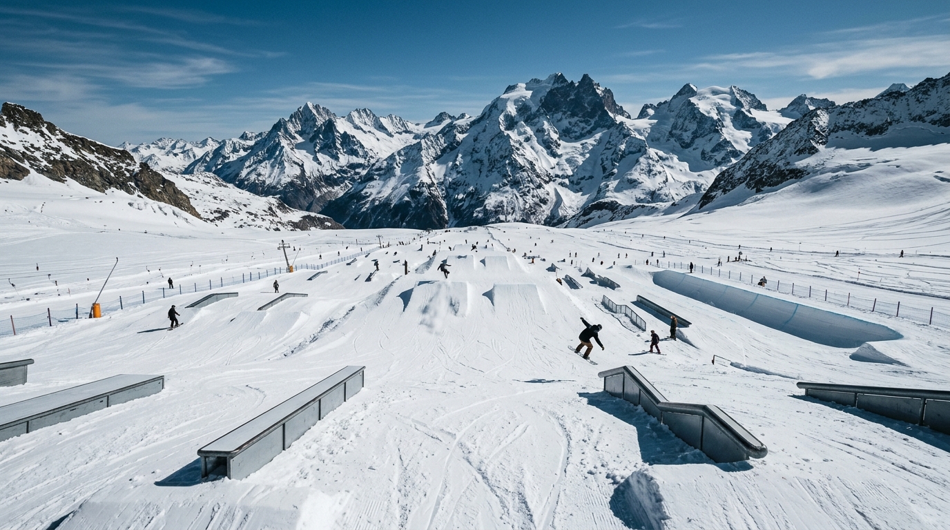 Snowpark des Deux Alpes sur le glacier à 3 200 m, modules freestyle et halfpipe ouverts été comme hiver