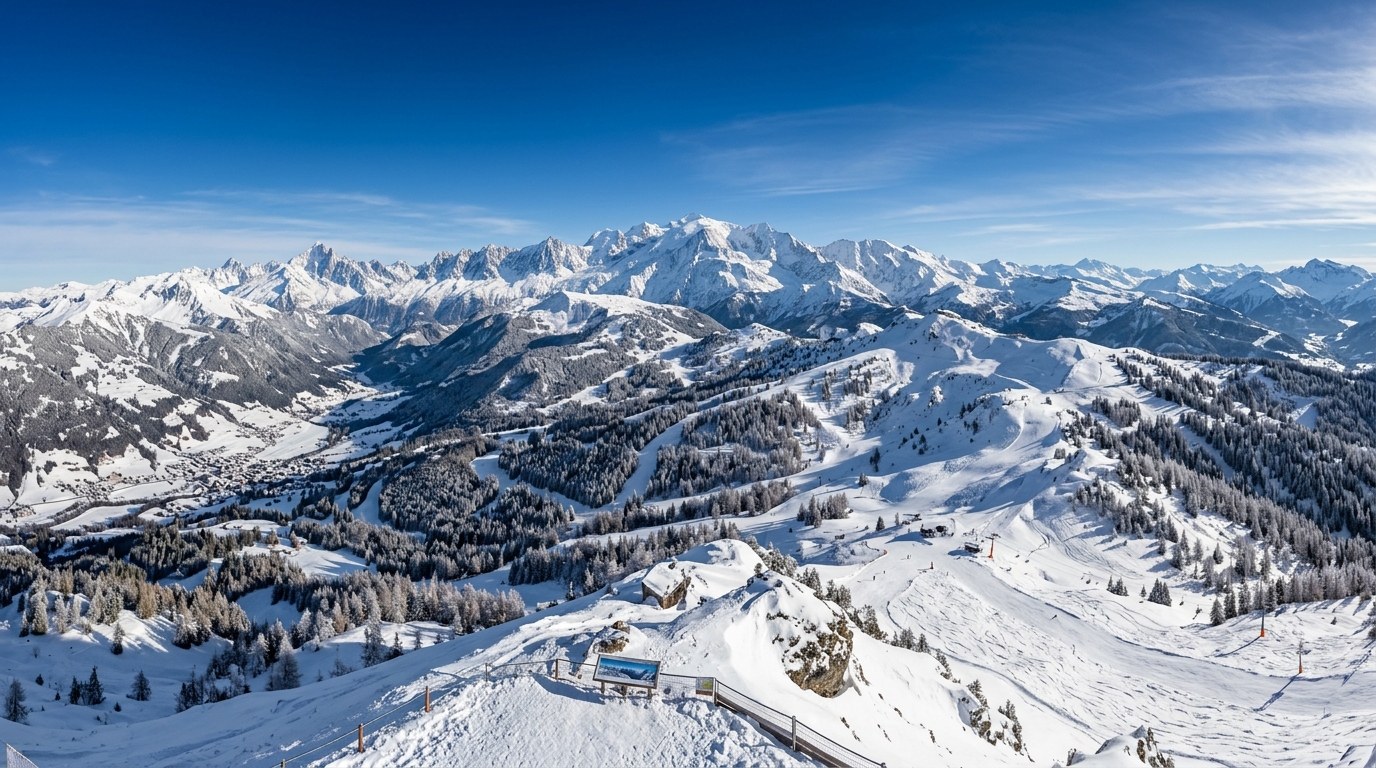 Panorama depuis le sommet du Mont Chéry aux Gets à 1 826 m, vue sur la chaîne du Mont Blanc et le domaine des Portes du Soleil