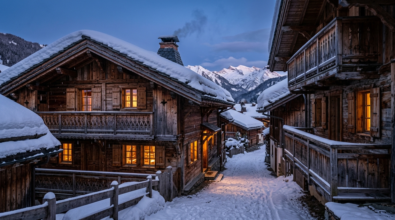Village des Gets en Haute-Savoie au crépuscule, chalets traditionnels savoyards en bois avec lumières dorées et sommets enneigés en arrière-plan
