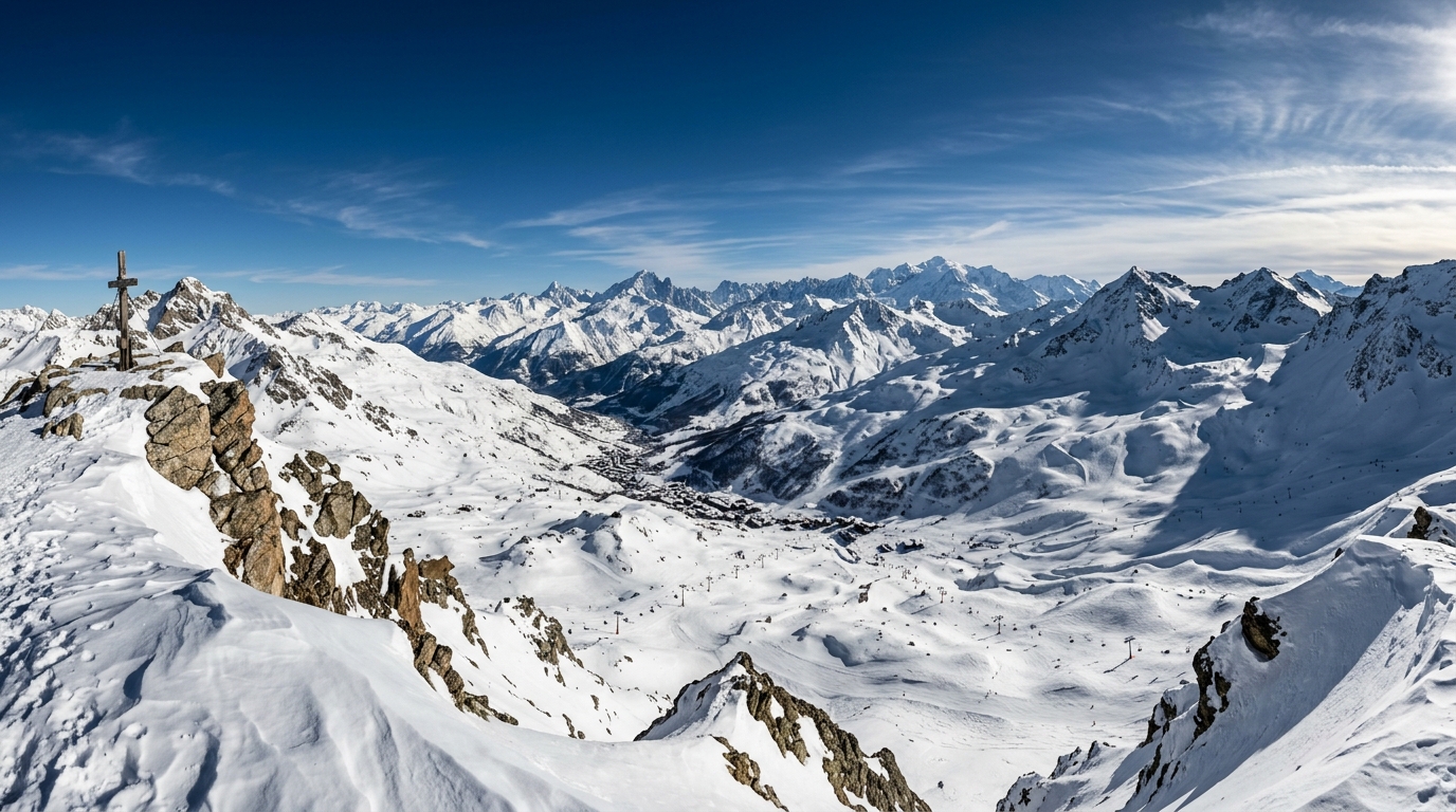 Panorama depuis la Pointe de la Masse aux Menuires à 2 804 m, vue sur la vallée des Belleville et le Mont Blanc