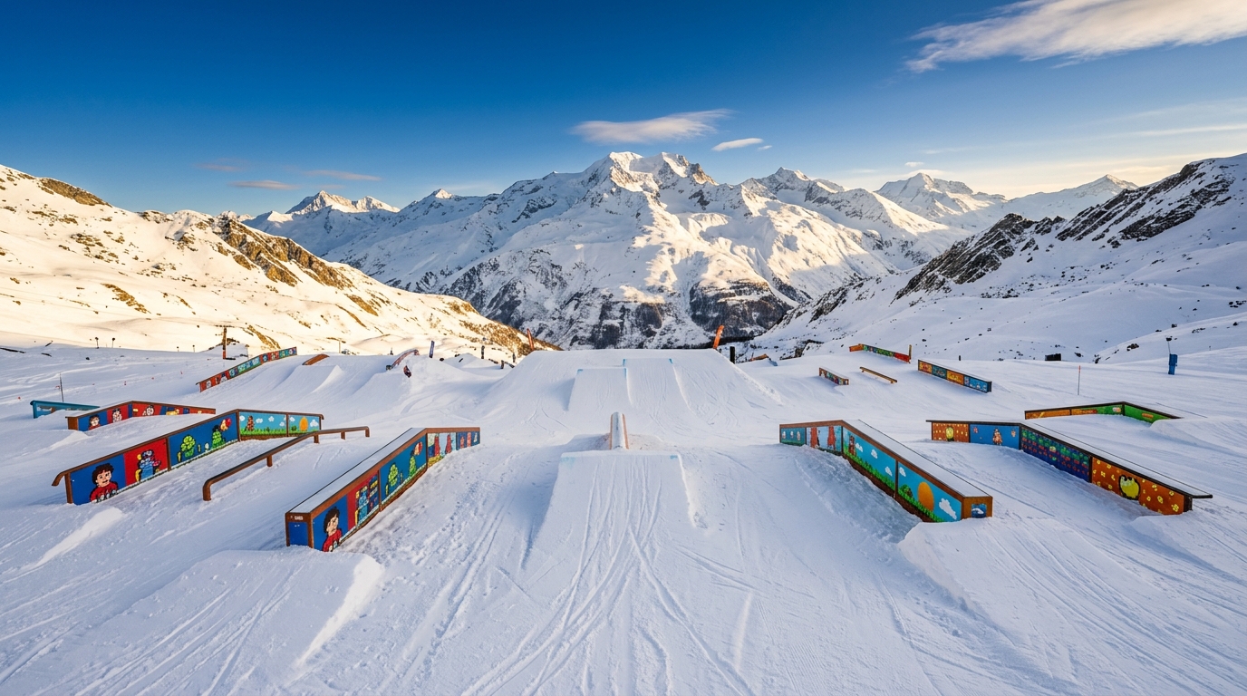 Front de neige des Menuires à La Croisette au crépuscule, lumières dorées et sommets enneigés en arrière-plan