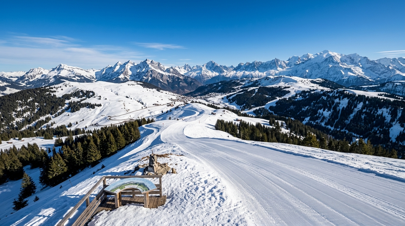 Vue depuis le sommet du signal de Bisanne aux Saisies, panorama sur le domaine alpin de l'Espace Diamant et la chaîne des Aravis