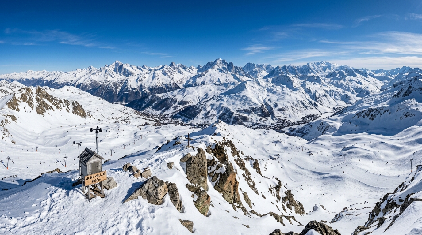 Panorama du domaine skiable de Méribel depuis le Mont Vallon à 2 952 m, vue sur les Trois Vallées et la Vanoise