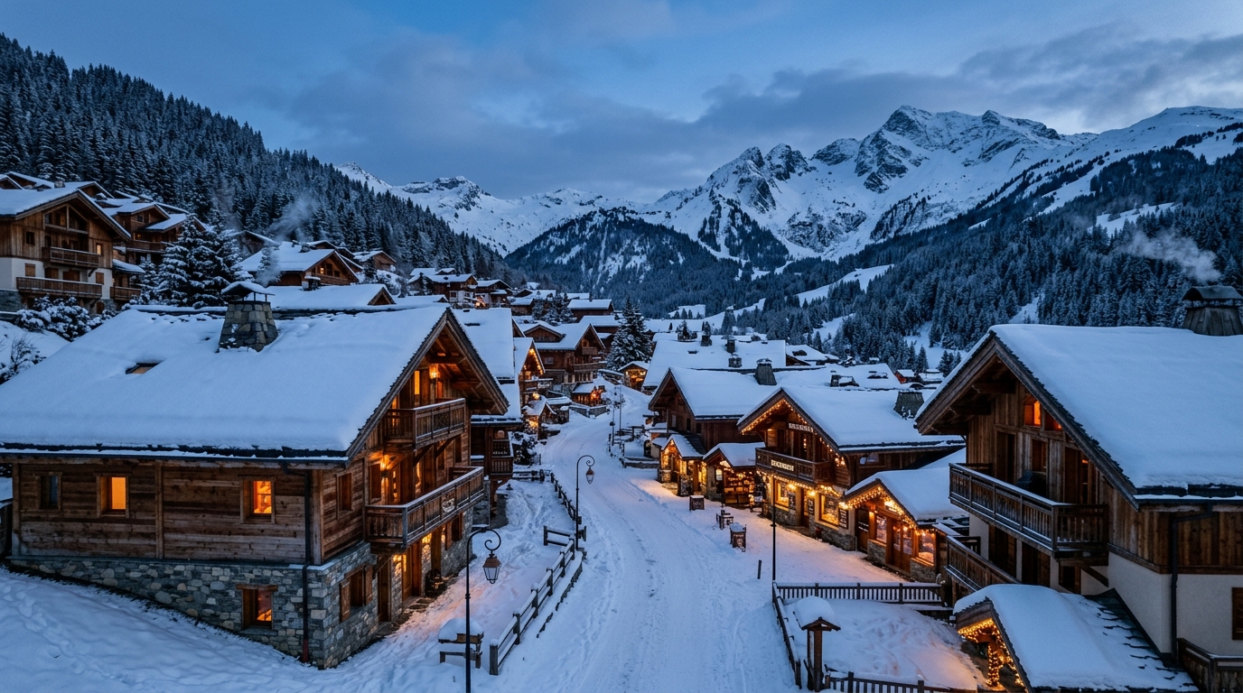 Village de Méribel au crépuscule, chalets traditionnels en bois et pierre avec lumières dorées, sommets enneigés en arrière-plan