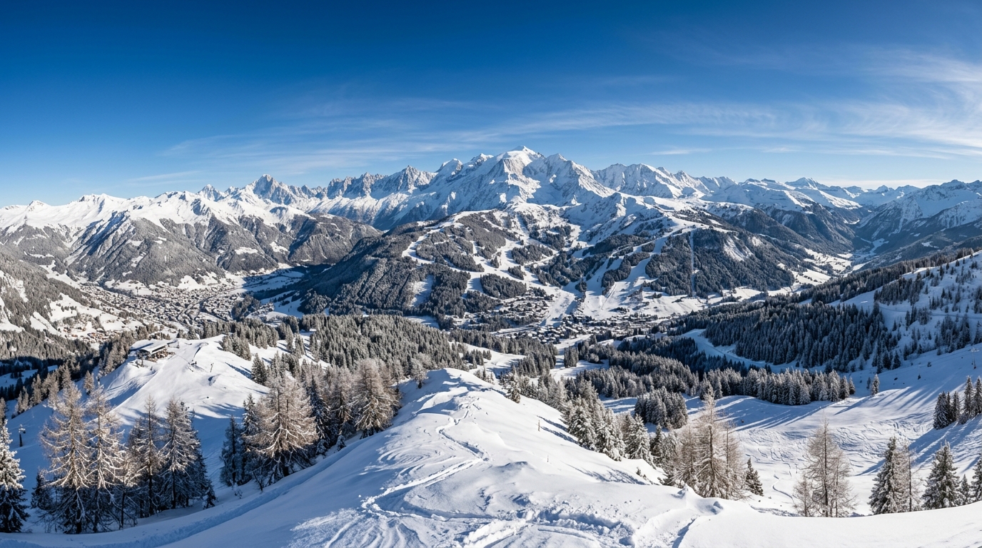 Panorama depuis le sommet du Pléney à Morzine, vue sur le domaine de Morzine - Les Gets et la chaîne du Mont Blanc en arrière-plan