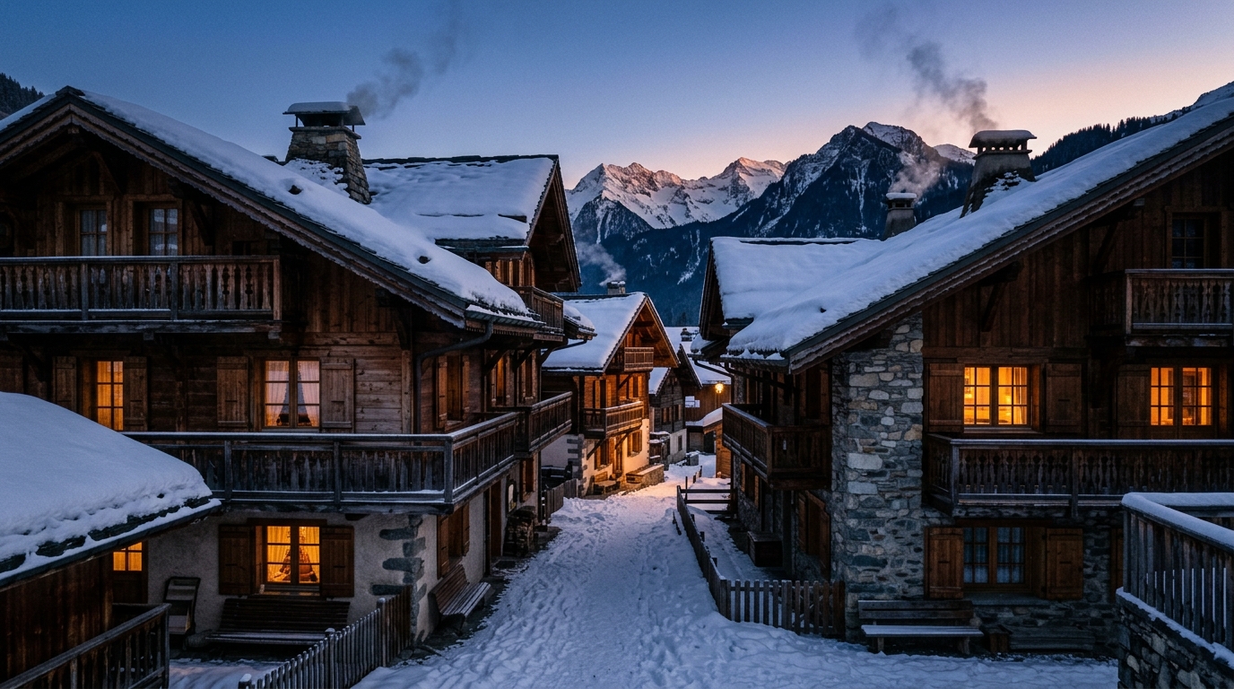 Village de Morzine en Haute-Savoie au crépuscule, chalets traditionnels chablaisiens en pierre et bois avec lumières dorées et sommets enneigés en arrière-plan
