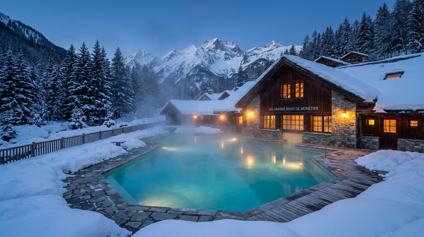 Bains du Monêtier-les-Bains, bassins thermaux extérieurs fumants dans la neige des Hautes-Alpes