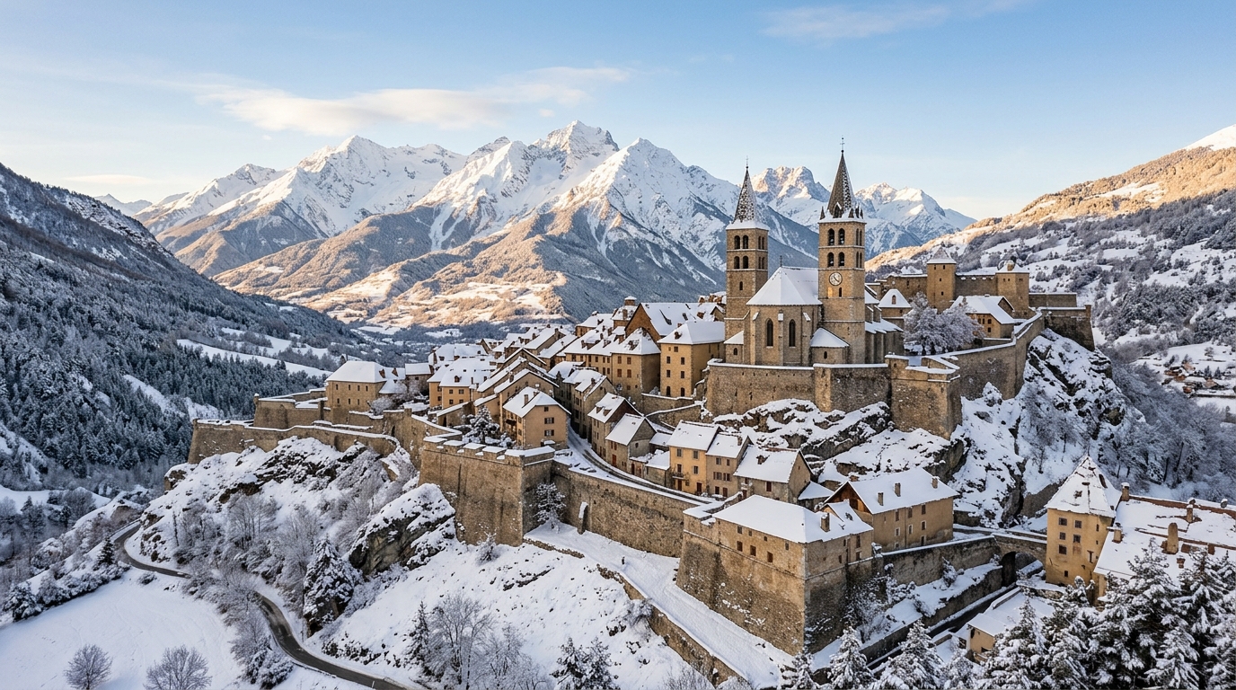 Citadelle Vauban de Briançon sous la neige, ville fortifiée UNESCO la plus haute d'Europe