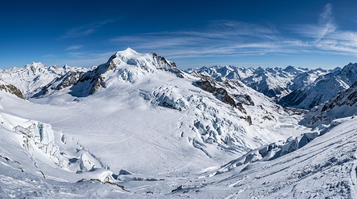 Panorama du glacier de la Grande Motte à Tignes à 3 456 m, point culminant du domaine Tignes - Val d'Isère