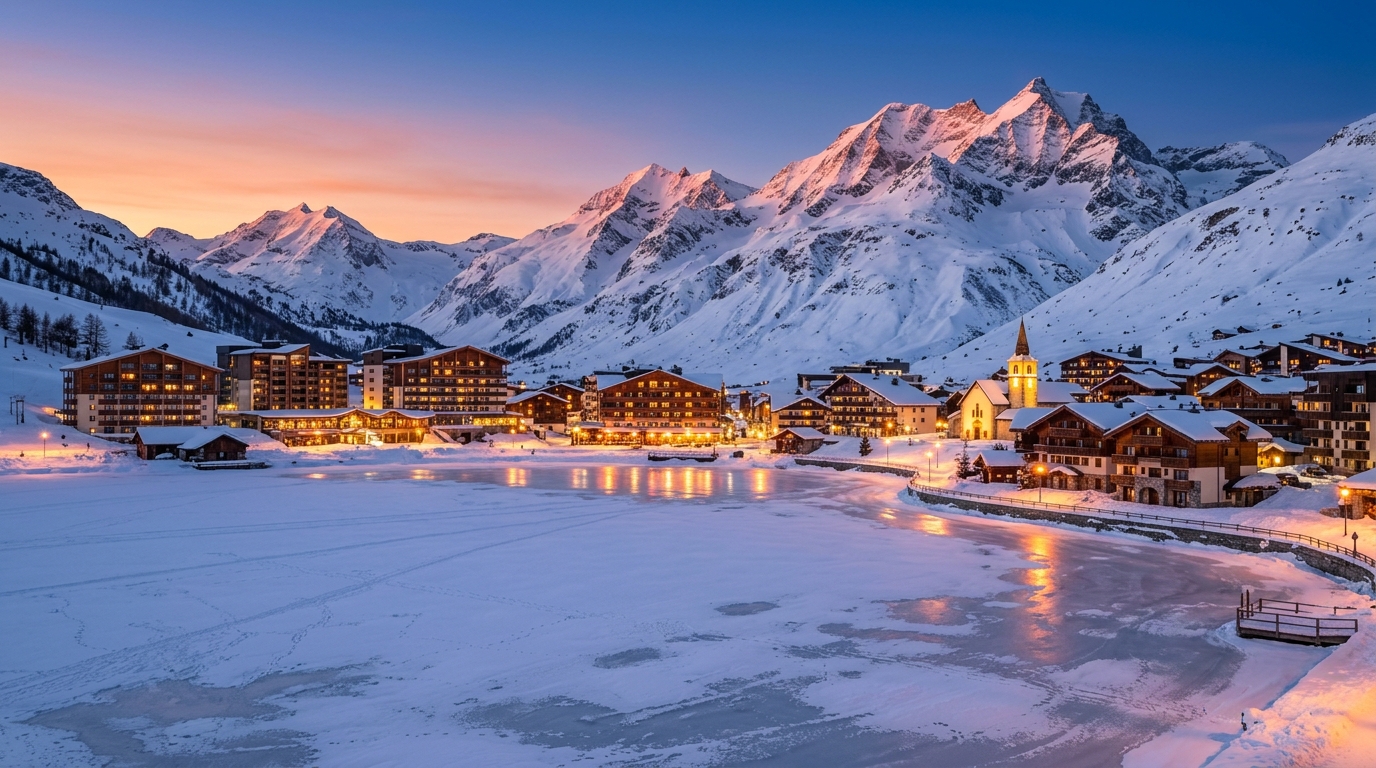 Village de Tignes-le-Lac au crépuscule, lac naturel gelé en premier plan et sommets de la Vanoise enneigés en arrière-plan