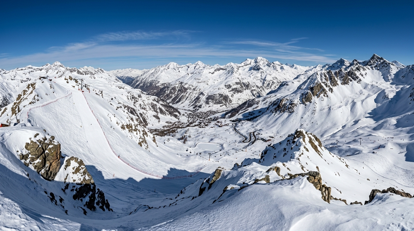 Panorama du domaine de Val d'Isère depuis le sommet de Bellevarde à 2 826 m, vue sur la Face de Bellevarde piste FIS et la Vanoise