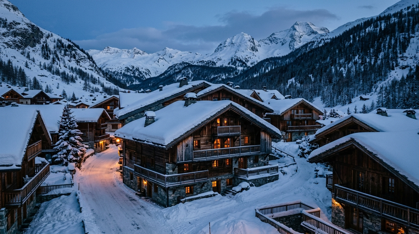 Village de Val d'Isère au crépuscule, chalets en pierre et bois traditionnels avec lumières dorées et sommets de la Vanoise enneigés en arrière-plan