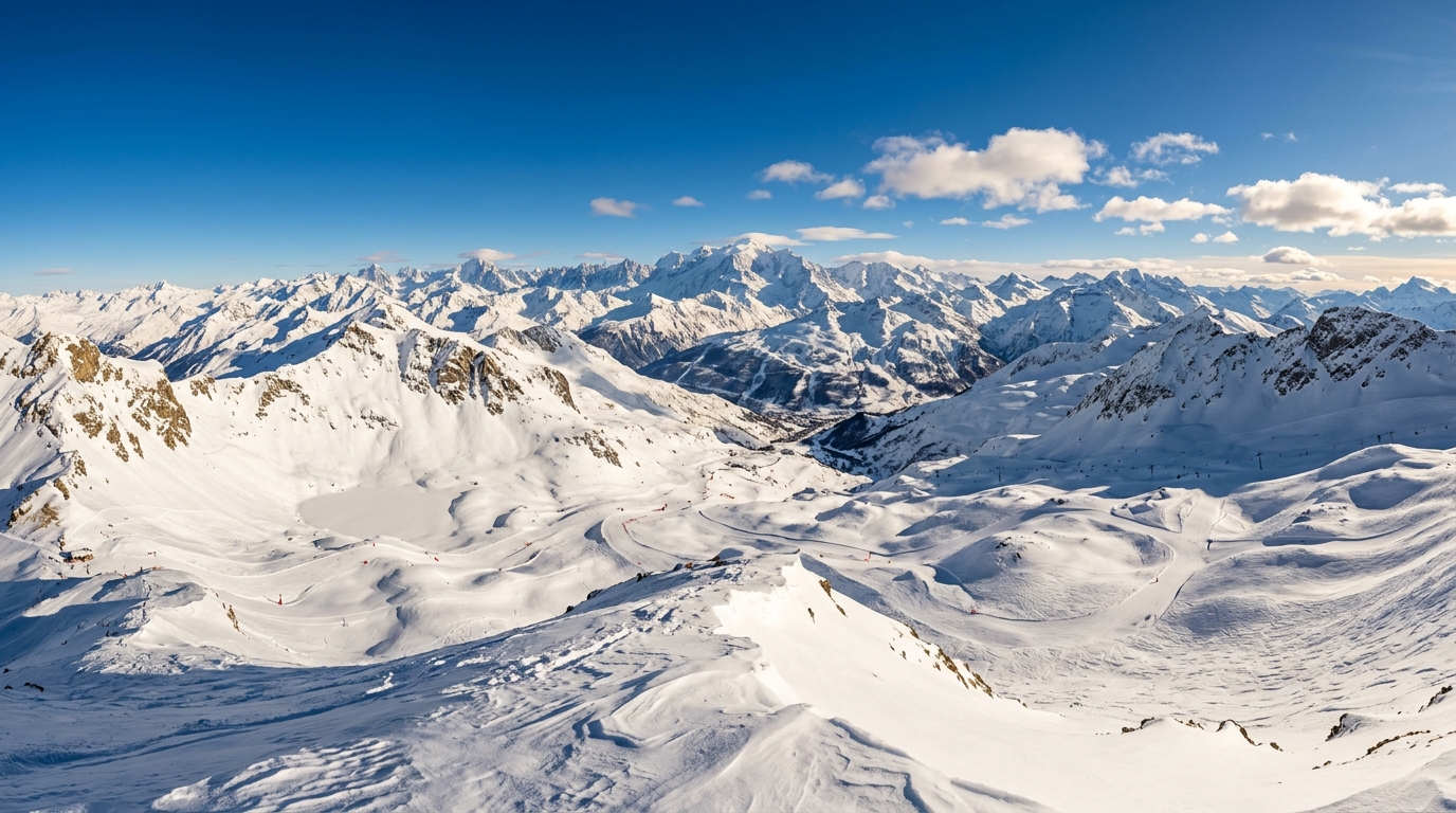 Panorama depuis la Cime Caron à 3 200 m, vue sur le massif de la Vanoise et les sommets des Alpes du Nord