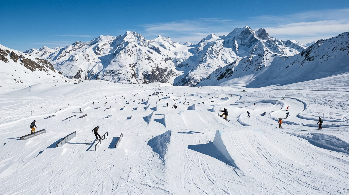 Snowpark de Val Thorens, 70 000 m² de modules freestyle sur le secteur Plateaux à 2 600 m