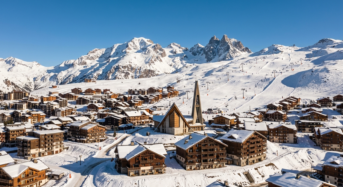 Station de l’Alpe d’Huez et ses chalets sous le soleil sur le plateau de l’Oisans