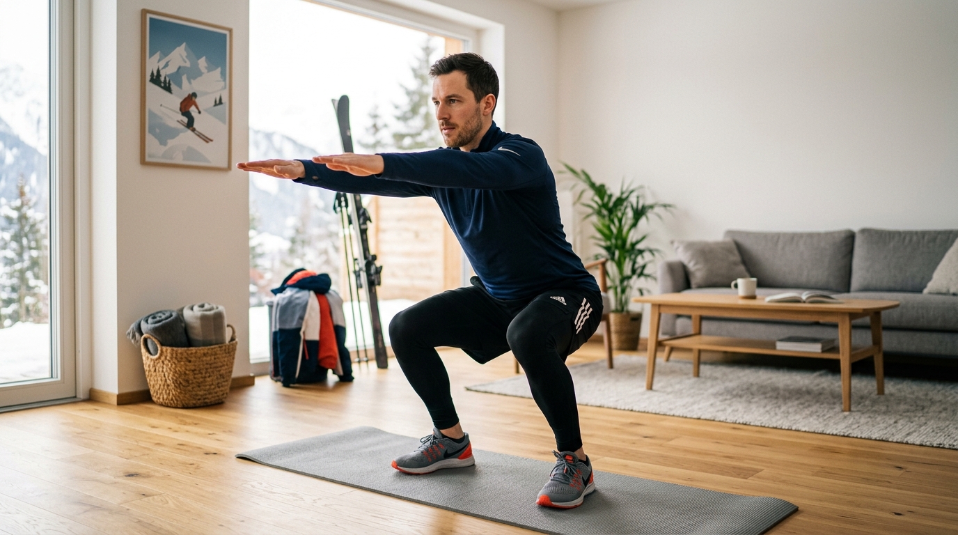 Squat sans matériel à la maison pour renforcer cuisses et fessiers avant le ski