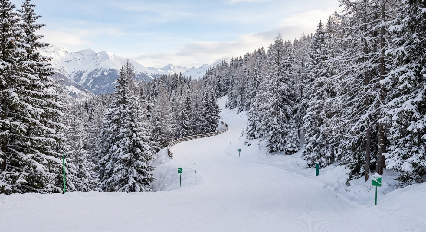 Piste verte de l'Escargot serpentant dans la forêt enneigée à Val Cenis