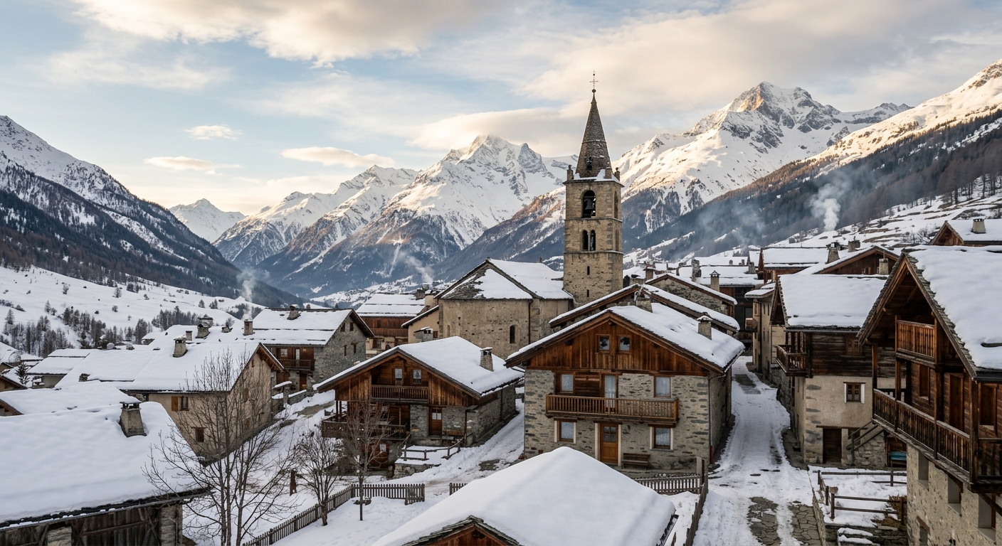 Village savoyard de Val Cenis sous la neige dans la vallée de la Haute Maurienne