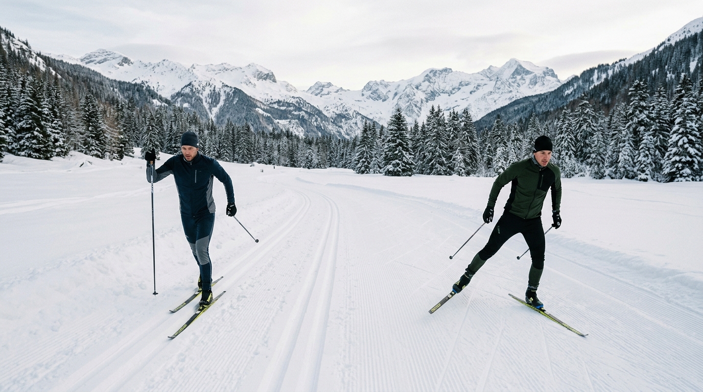 Comparaison des deux styles du ski de fond : le pas alternatif classique dans les rails et le pas de patineur en skating sur piste lisse
