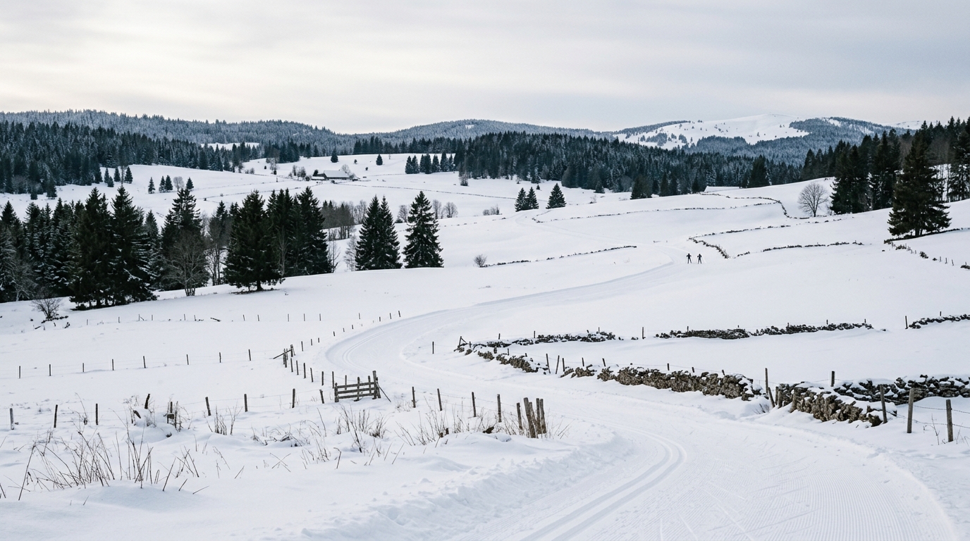 Domaine nordique du Jura sous la neige, pistes de ski de fond serpentant entre les sapins et les clôtures de pâturage