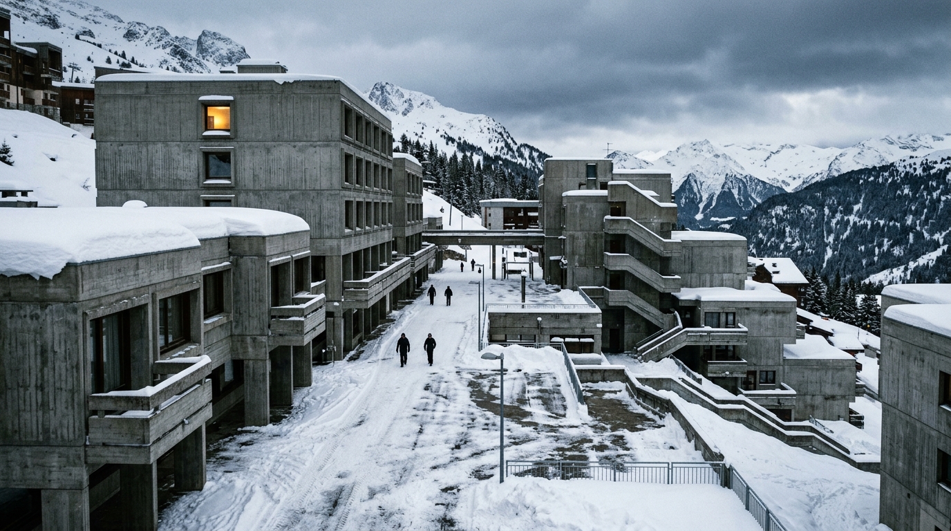 L'architecture Bauhaus en béton brut du Forum de Flaine, cœur historique de la station