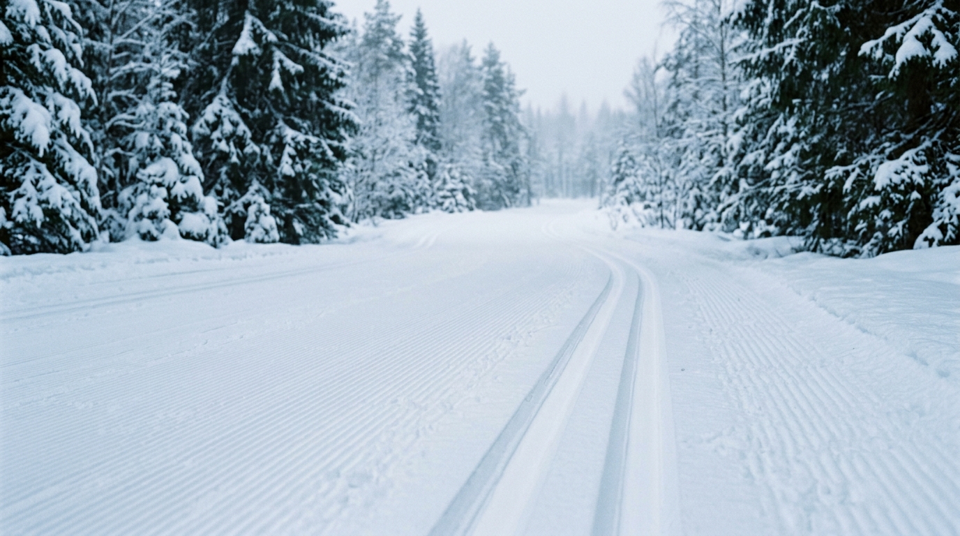 Piste de ski de fond damée et ses deux rails parallèles traversant une forêt de sapins enneigés